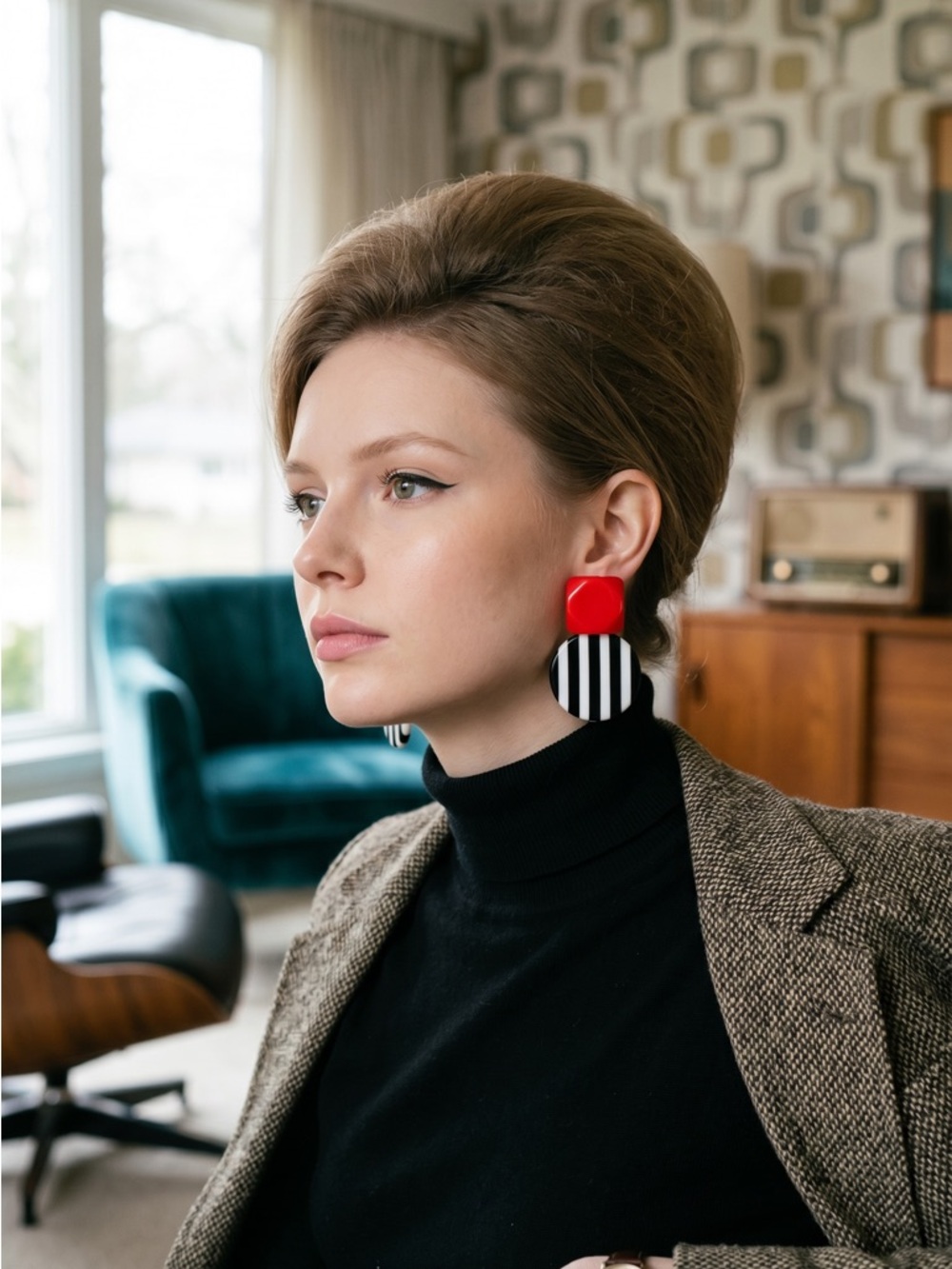 Red Black White Geometric Drop Earrings Retro Mod Statement - Picture 3 of 5
